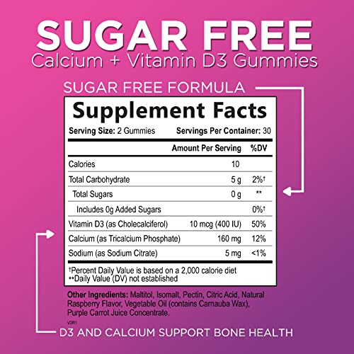 Premium Calcium Gummies Sugar Free Plus 400 Iu Vitamin D3, Bone Health & Immune Support, Supports Bone Strength - Chewable Calcium Gummy Nutrition Supplement, Non-Gmo, Berry Flavor Chews - 60 Gummies #TOP1