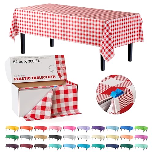 Image of Party Solids 54 Inch X 300 Feet Red Gingham Plastic Table Cover Roll in A Cut - to - Size Box with Convenient Slide Cutter. Cuts Up to 36 Rectangle 8 Feet Plastic Disposable Tablecloths