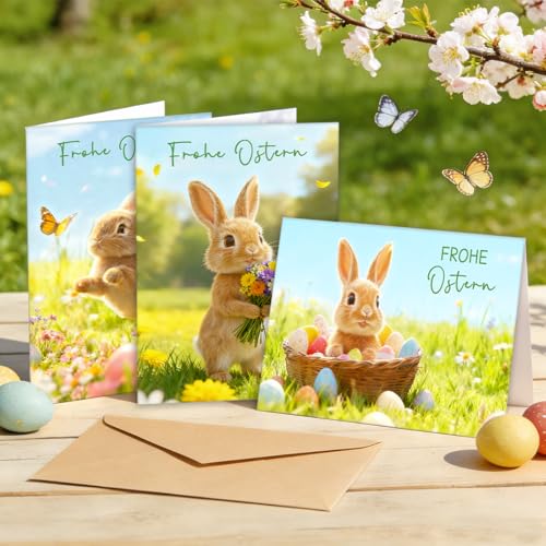 Osterkarten mit Umschlag Set, 12 Stück Osterkarten Karte Ostern, Osterkarte Aufklappbar mit Ostereier Hasen, Grußkarten Frohe Ostern Karte Hochwertig Frühling Karten Postkarte für Familie Freunde