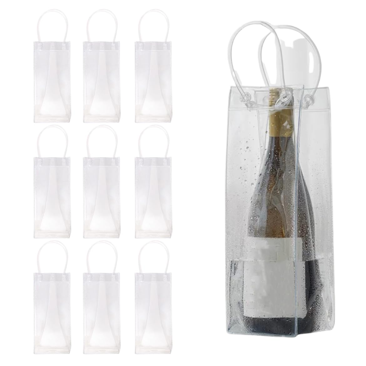 Wine Cooler Bag 10Pcs Transparent Clear Ice Bag PVC Portable Bottle Cooler Bag Champagne Ice Bag with Handle Beer Party Accessory
