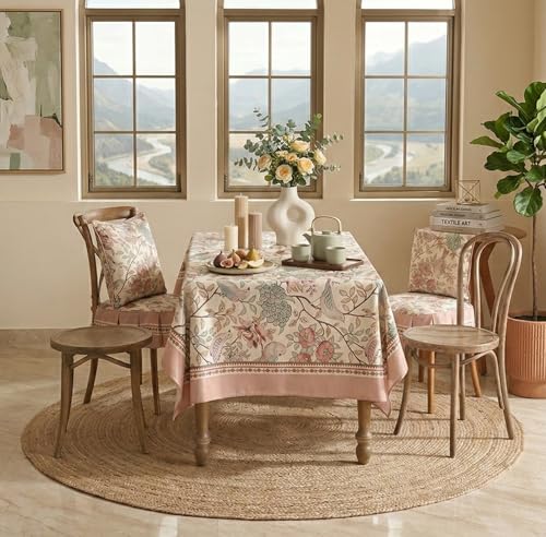 Image of ishro home Premium Dining Table Cover 6 Seater | Table Cover Cloth | Table Cloth 6 Seater - Soft European Fabric, Frill Design, Machine Washable | (Gul-o-Parindaay, 56x90 Inch (6-8 Seater))