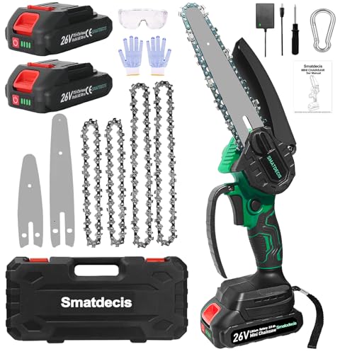 Smatdecis Mini Motosierra Bateria 2x2000 mAh,Motosierra Eléctrica de 4&6 Pulgadas,Motosierra de Mano sin Escobillas con Cadena de Repuesto *4,Sierra Electrica Podar Arboles Para Jardines y Hogar