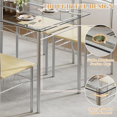 Image of VECELO Dining Table Set for 4, 5-Piece Glass Kitchen Table with Chairs for Small Space, Breakfast Nook, Space-Saving, Silver