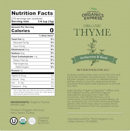 HQOExpress Organic Thyme Leaf – Non GMO, Kosher, USDA Certified Organic Dried Thyme Leaves – Aromatic and Savory Seasoning for Pastas, Soups and Stews, 7 oz. Chef Jar - Image 2
