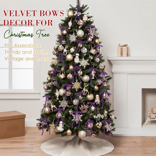 Image of 24 Pcs Purple Velvet Bows Ornaments for Christmas Tree, Vintage Rustic Elegant Velvet Christmas Bows Tree Decorations, Indoor Home Decor for Wreath Mantle Gift Wrap Holiday Decor, 3 /8'' W, 5 * 7 inch