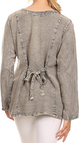 Image of Sakkas Fedella Deep Scoop Neck Long Sleeve Blouse Top with Adjustable Back Straps