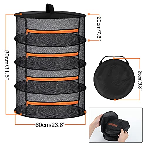Desy & Feeci 4 Layer Mesh Hanging Herb Drying Rack Dry Net with Orange Zippers(D24xH32 inch)