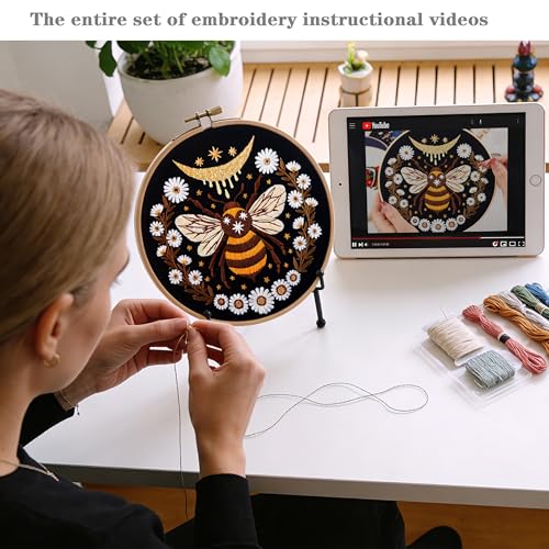 Image of Hand Embroidery Starter Kits for Beginners Adults, Counted Stamped Cross Stitch Kit for Beginners Adults, Embroidery Needlepoint Kit with Moth Flower Pattern, 3 Hoops (Attached Teaching Video QR Code)