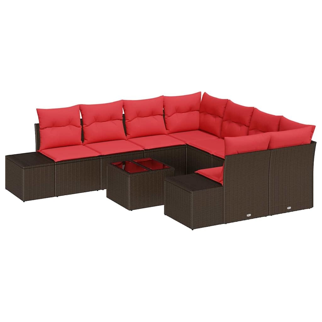 Ensemble de Canapé de Jardin 9 Pièces en Polyrotin Marron, Salon de Jardin Modulable avec Table en Verre Trempé et Coussins, Mobilier d'Extérieur pour 8 Personnes sur Terrasse