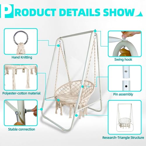 Image of Inditradition Hammock Swing Chair with Metal Stand & Seating Pillow (Combo Pack) | Heavy-Duty Hanging Chair with Stand for Indoor & Outdoor (60x32 Inches, Elegant White)