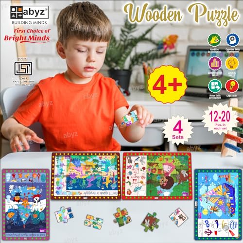 Image of ABYZ Wooden Jigsaw Puzzle - Animals Winter Celebrations, Gardening Time, Dinosaurs Era, Monkeys Sailboat Playset, 63 Pieces - Pack of 4 | Birthday Gift for (3 Plus Years) Age Kids.