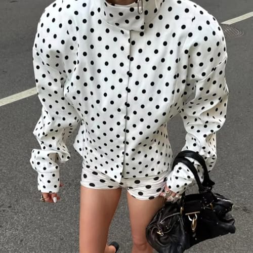 Lunoakvo Womens Polka Dot Print Stand Neck Short Jackets Retro Zipper Lantern Sleeve Streetwear Jackets Outerwear2