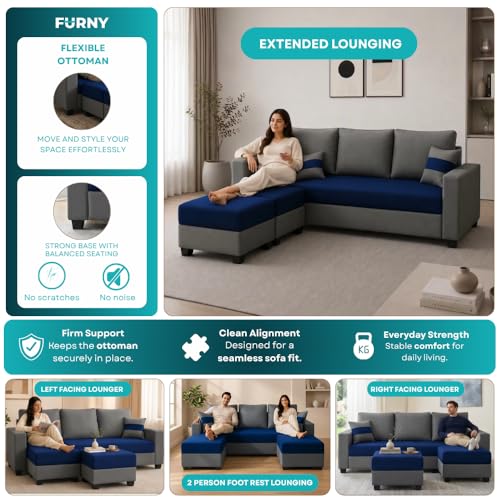 Image of FURNY Aura 5 Seater L Shape Sofa Set with 2 Movable Ottoman | Flexible Left or Right Layout | Plush Velvet Fabric (Dark Blue-Dark Grey) | Perfect for Living Room, Guest Room & Office