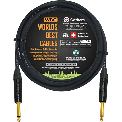 WORLDS BEST CABLES 3 Meter - Gotham GAC-1 Ultra Pro - Premium, Low-Capacitance (21 pf/Ft) Guitar Bass Instrument Cable - with Straight to Straight 6.35mm Neutrik Gold Plated TS Connectors