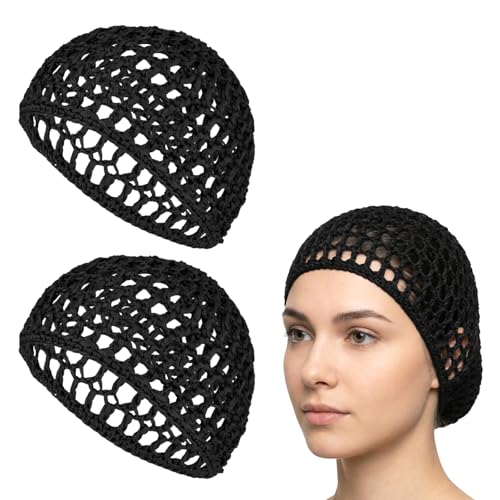 Lot de 2 filets à cheveux en maille au crochet pour protection de la presse en soie réglable en maille tressée réutilisable pour cheveux bouclés et raides Protection de perruque Noir
