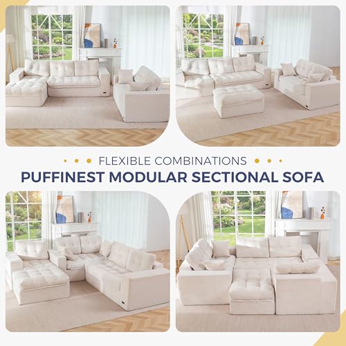 Image of MAXYOYO Modular Sectional Sofa with Ottoman and Loveseat, Cloud Boneless Couch with Layered Cushion, Flexible Module Combination Sofa for Living Room, No Assembly Required,Beige