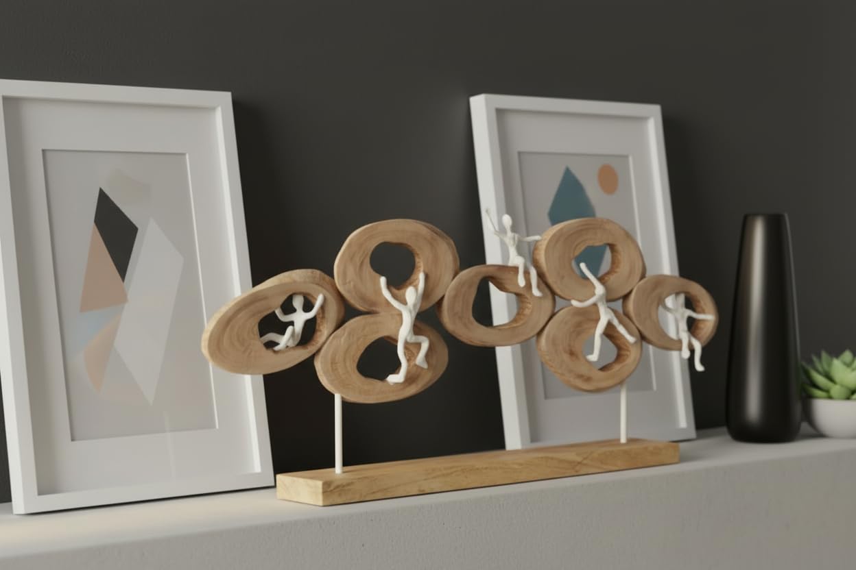 MF Lebenskreis Skulptur aus Mangoholz, Moderne Dekofigur in Natur, 73 x 31 x 8 cm, Abstrakte Figuren auf Holzsockel, Wohnzimmer Deko