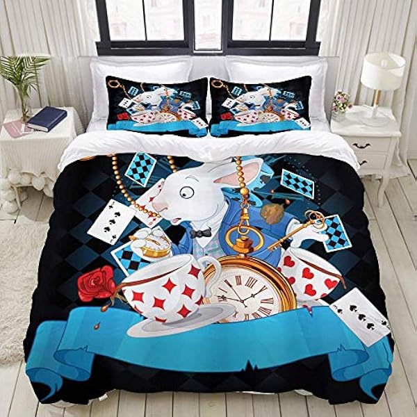 Dekbedovertrek, Alice in Wonderland Rabbit Motion Cups Hearts and Flower Character Alice Cartoon Style, beddengoed Set Ultracomfortabel Lichtgewicht luxe microfiber sets
