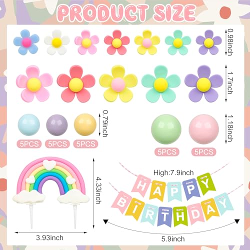 Augisteen BOHO CAKE TOPPER-3 39 Pcs Pastel Balls Cake Topper Daisy Flower Balls Cake Decoration Boho Rainbow Cake Topper 70S Groovy Hippie Daisy Cake Topper thumb #1