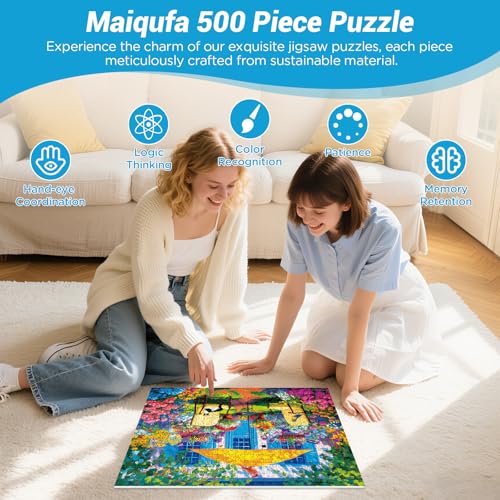 Rompecabezas de 500 piezas para adultos: patio con pájaros y flores, jardín colorido de cabaña, actividad familiar ideal como regalo miniatura 5
