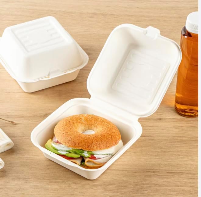 Clamshell Take Out Food Containers 6" x 6” (300 Pack) 1-Compartment, Disposable To Go Container, Togo Boxes With Lids, Trays for Lunch, Dinner, Meal-Prep, Eco Friendly, Compostable, Biodegradable