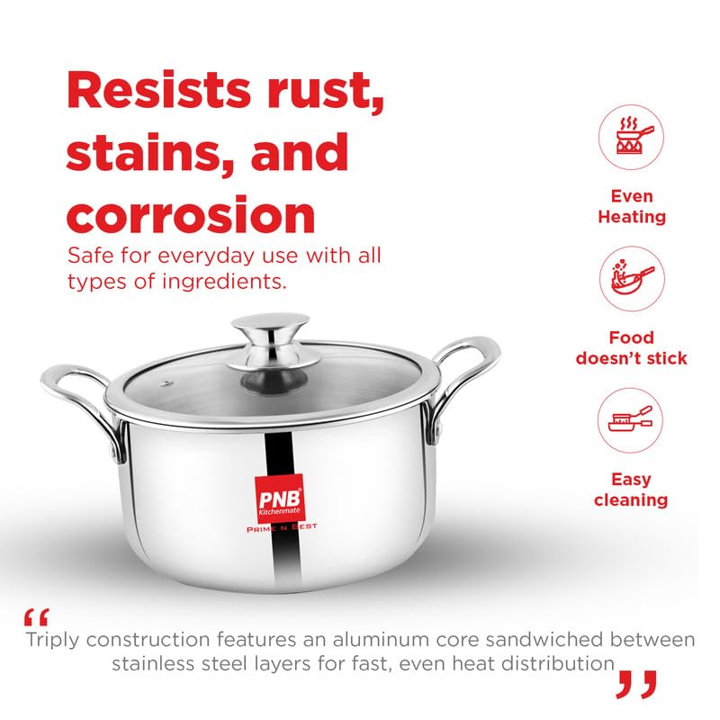 Image of PNB Kitchenmate Triply Cookpot with Glass Lid, 24cm, 5.5 LTR, 2.5mm Extra Thick Stainless Steel Casserole, Induction & Gas Compatible, 5 Years Warranty, Silver
