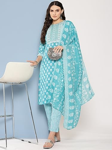 Image of INDO ERA Women's Printed Pure Cotton Kurta With Pant & Dupatta Set (23APR040)