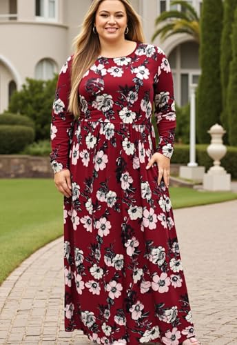 Image of Nemidor Plus Size Maxi Dress for Curvy Women Fall Casual Loose Long Sleeve Dresses with Pocket 14-26