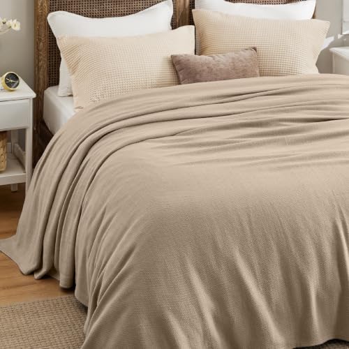 Image of Bedsure 100% Cotton Blanket, Herringbone Weave, Queen Size, Khaki