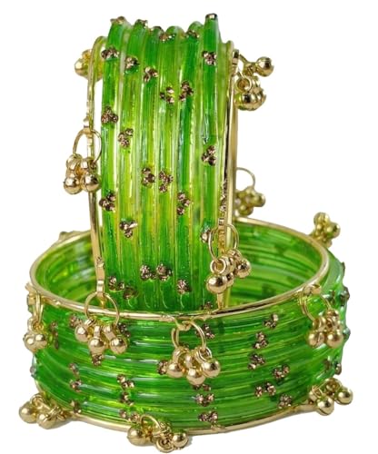 Image of NMII Viral Multi Colour Glass Bangles with Golden Ghungroo Charms & Stone Work For Women & Girls | Fancy Designer Glass Bangle | Traditional Chudi | Kanch Ki Churi | Stylish Ghungroo Bangle For Women