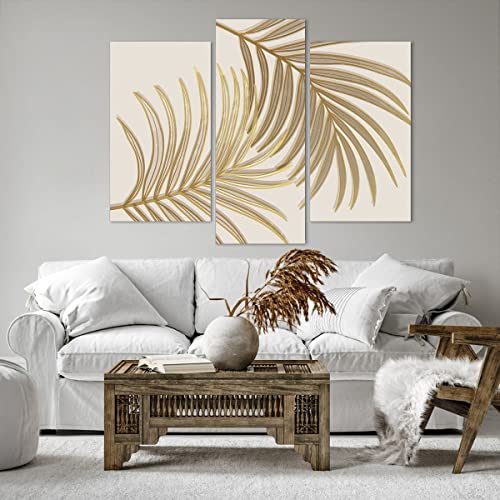 Tableau triptyque 130x100cm de feuilles de palmiers or pour salon - 3