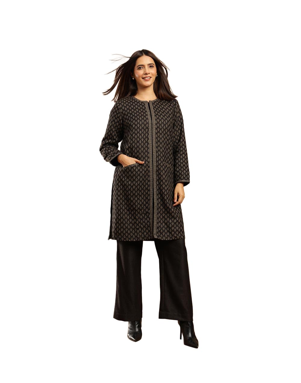 fabindia Women Wool Blend Black-Grey Solid Round Neck Full Sleeves Relax Regular Fit Jacket-picture-18