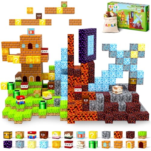 APLX Bloques magnéticos, juego de castillo mundial con imán para construir minas, cubos de azulejos magnéticos, juguetes STEM para niños y niñas, juguetes para niños pequeños a partir de 3 años,