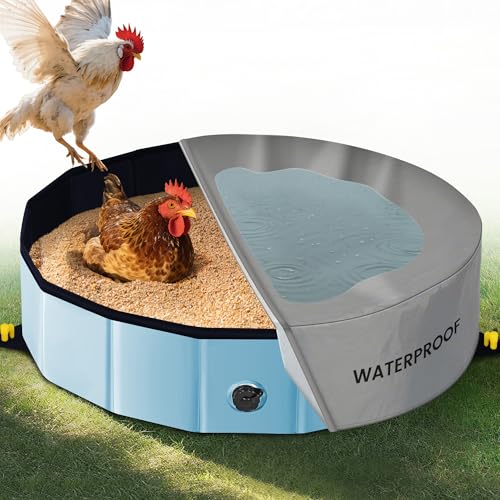 Chicken Dust Bath Tub - 32'D & 8'H Foldable Chicken Coop Accessories to Mix Sand Chilli DE Or Lime Dust in Chicken House, Keep Poultry Hens, Rooster, Button Quail Healthy & Clean, Double as Duck Pool