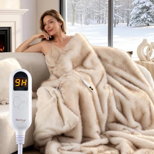 Image of Bearhug Heated Blanket Twin Size, 62 inchx84 inch Luxury Tuscan Faux Fur Electric Blanket with 10 Heat Levels & 9H Auto Off, 450GSM Ultra Soft Shaggy High-Pile Heated Bed Warmer, ETL Certified, Gift Box