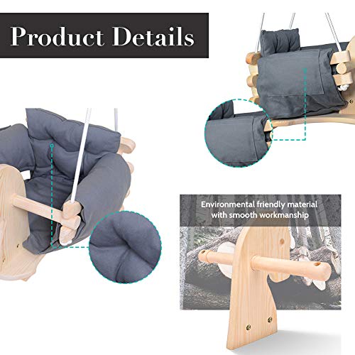 Baby Wooden Horse Swing Toddler Secure Swing Indoor & Outdoor Infant Hanging Swing Chair with Canvas Cushion (Grey) - Thumbnail 5