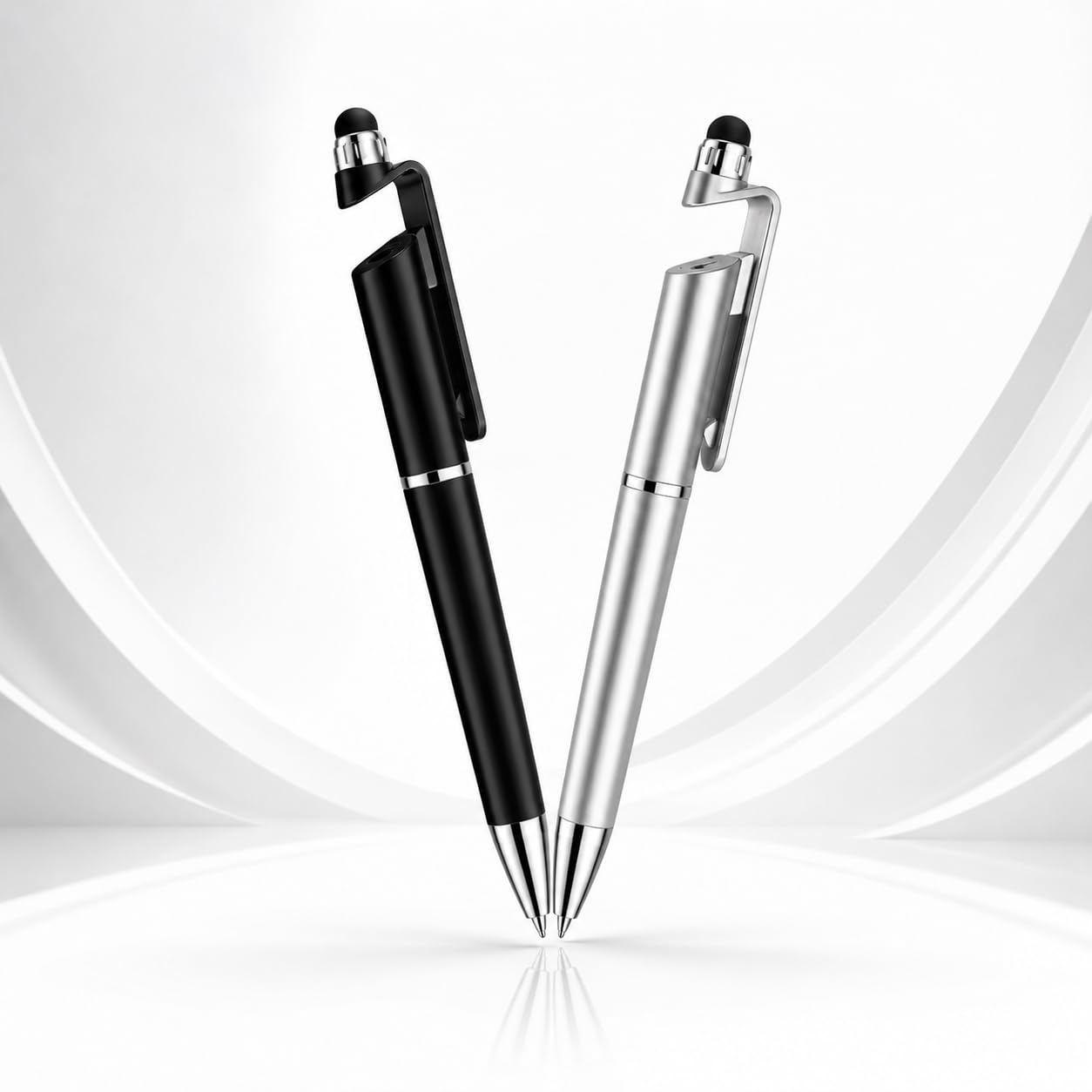 ORIONIS 3-in-1 Stylus Ball Pen Pack of 2 (Black & Silver) | Multifunction Metal Ballpoint Pen with Touch Screen Stylus & Built-in Mobile Stand | Twist Blue Ink Pen for Android, iPhone & Tablets-image-42