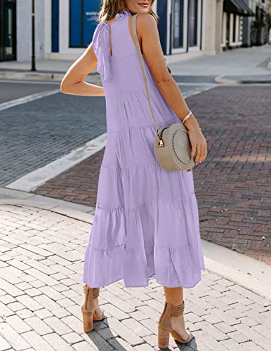 Image of HAEOF Women's Summer Sleeveless Halter Midi Maxi Dress Casual Loose Fit Pleated Tiered Flowy Beach Vacation Long Sundress