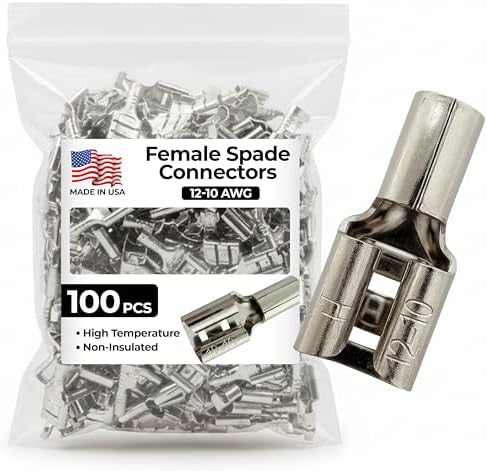 100 Pcs High Temperature Non-Insulated Female Spade Connectors - 12-10 Gauge Quick Disconnect .250 Tab - Wire Splice Connectors for Strong Crimps in Electrical Wire Terminals - Made in USA