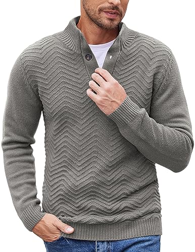 COOFANDY Mens Quarter Button Sweater Turtleneck Pullover Sweater Cable Knit Henley Mock Neck Sweater