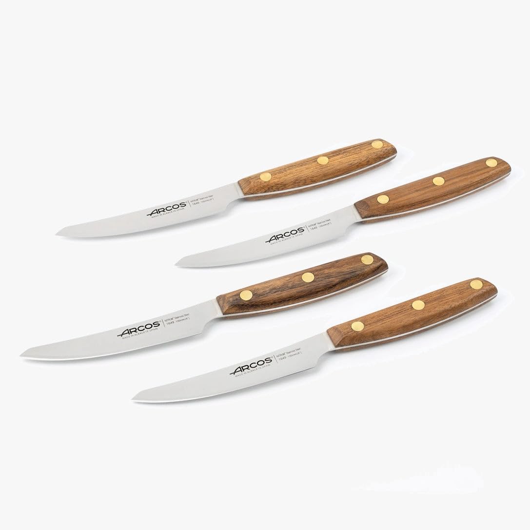 Arcos Serie Nordika - Set 4 Cuchillos Chuleteros - Acero Inoxidable NITRUM - Hoja de 100 mm - Mango de Madera Ovengkol 100% natural de bosques certificados FSC® - Embalaje 100% reciclado
