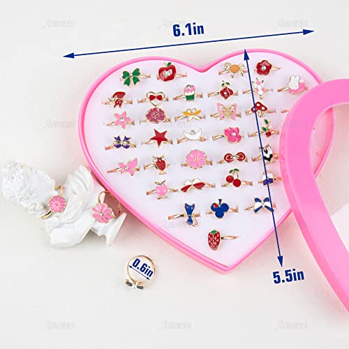 Auear, 36 Pack Girl Jewelry Rings Adjustable Rings In Box No Duplication Jewelry Rings Set With Heart Shape Display Case Girl Pretend Play And Dress Up Rings #TOP1