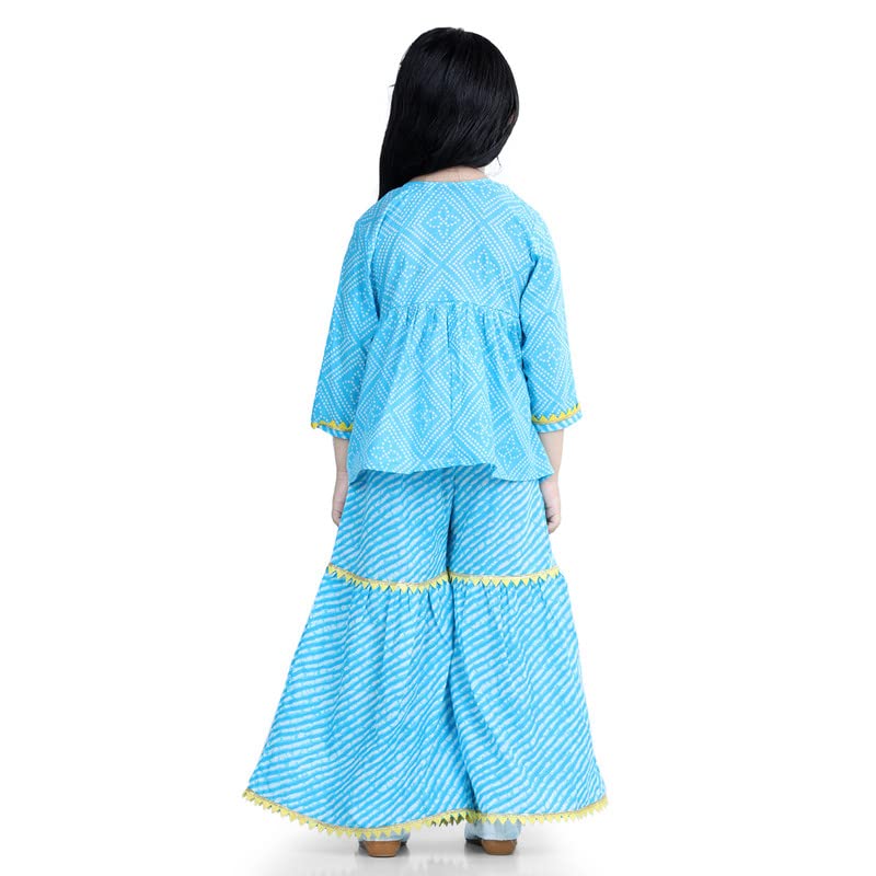 Image of BownBee Girls Cotton Kurti and Sharara Suit Set Round Neck, Angrakha Traditional Ethnic Dress, Front Open Kurta For Girl Kids, Suitable for All Festivals & Casual Wear