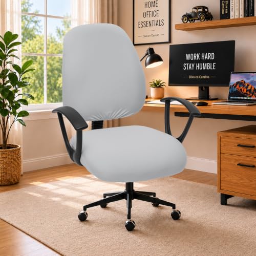 Image of Stretchable Desk Office Chair Seat Covers - Universal Stretch Computer Chair Slipcover Washable Rotating Backrest Coverings & Cushion Protectors for Dogs, Cats, Pets, Light Gray