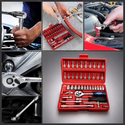 Image of 46 Pcs Tool Kit with Ratchet Wrench & 1 /4 Inch Drive Socket Set | Screwdriver Bit Set, Metric Socket, Extension Bar, Spanner & Goti Pana Tool Kit for Car, Bike, Home, Garage & DIY Repair