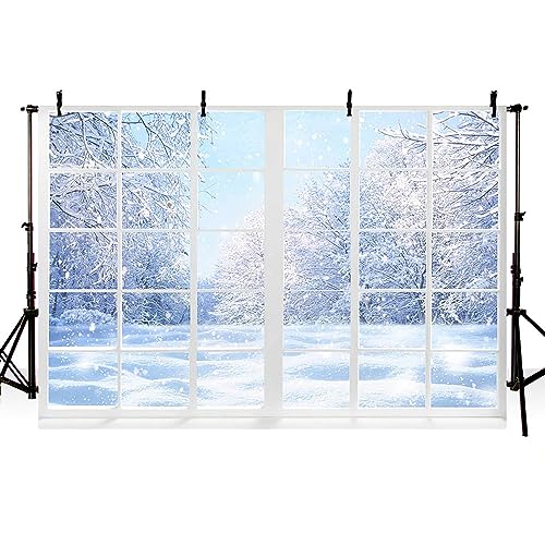 AIBIIN Fondo de fotografía de paisaje de invierno de 7 x 5 pies, bosque, nieve, ventana, telón de fondo de fiesta de Navidad, accesorios de estudio fotográfi