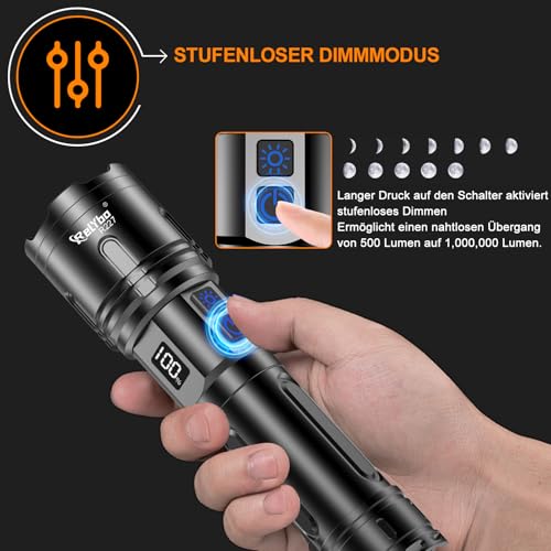 Relybo Taschenlampe LED Aufladbar 1000000 Lumen, LED Taschenlampe Extrem Hell XHM90.2 Batteriebetrieben USB, Starke Taktische Taschenlampe, 2 Schalter Stufenlos Dimmbar Flashlight for Outdoor Notfälle
