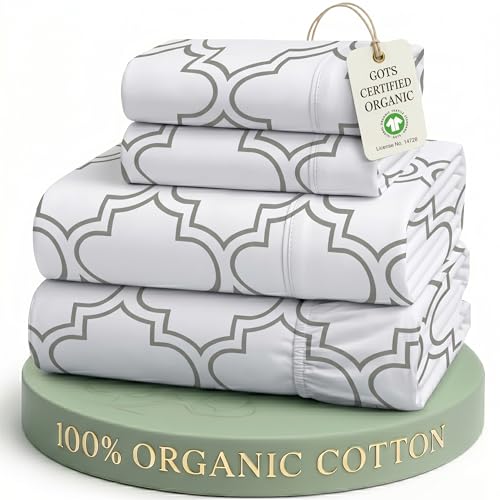 Image of LANE LINEN King Sheets 100% Organic Cotton 4pc Percale Cooling - Trellis | Organic Cotton Percale King Sheet Set - For Hot Sleepers, All-Season Comfort, For Master Bedrooms, Crisp Hotel-Style Feel