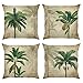 Bonhause Housse de Coussin Palmier Feuilles Tropicales Vert Vintage 45 x 45 cm Polyester Lin Décoratif Taie d'oreiller pour Canapé Salon Chambre Chaise Jardin Maison Décoration 4 Pièces