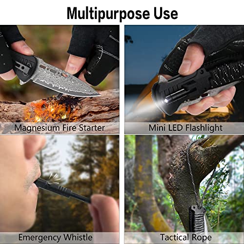 Chelonian Damascus Steel Hunting Folding Knives,Spring Assisted Pocket Knife With Led Light Magnesium Fire Starter Whistle (Black) #TOP3